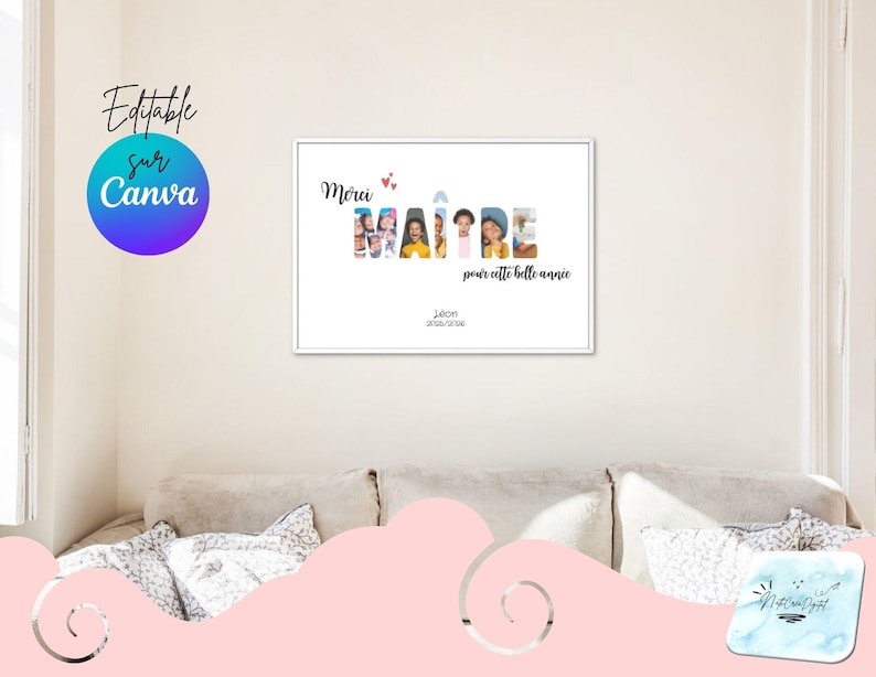 May include: A framed print with the words "Merci MA&Icirc;TRE pour cette belle ann&eacute;e" in black script. The word "MA&Icirc;TRE" is filled with colorful images of children. The print includes the name "L&eacute;on" and a date.