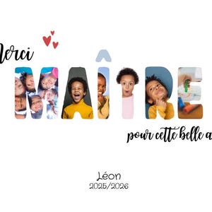 May include: White background with the word "MAITRE" in large letters, each letter filled with images of children. The words "Merci" and "pour cette belle ann&eacute;e" are also present, along with the name "L&eacute;on" and the year "2025/2026".