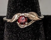 Flower and Leaf Ring, Natural Garnet, Amethyst, Citrine, Blue Topaz, or Peridot, 4mm Round, Solid Sterling Silver,Size 7