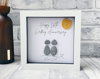 50th Wedding Anniversary Gifts, Golden Wedding Anniversary, Personalised Anniversary gift, Anniversary Pebble Picture, Wax Seal, Pebble Art
