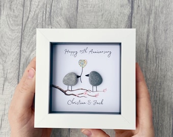 15th Anniversary, Personalised 15th Wedding Anniversary Gifts, Crystal Anniversary Gifts, Mr and Mrs Gifts Pebble Art Keepsake Married Frame