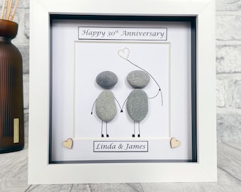 May include: A white framed picture with a grey background. The picture shows two grey pebble figures holding hands with a small white heart above them. The text "Happy 30th Anniversary" is at the top of the picture and "Linda & James" is at the bottom.
