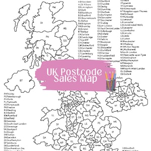 CARTE DES VENTES AU ROYAUME-UNI | parfait pour les petites entreprises pour suivre les ventes | carte illustrée à la main | coloration dans la carte des ventes de codes postaux | téléchargement numérique