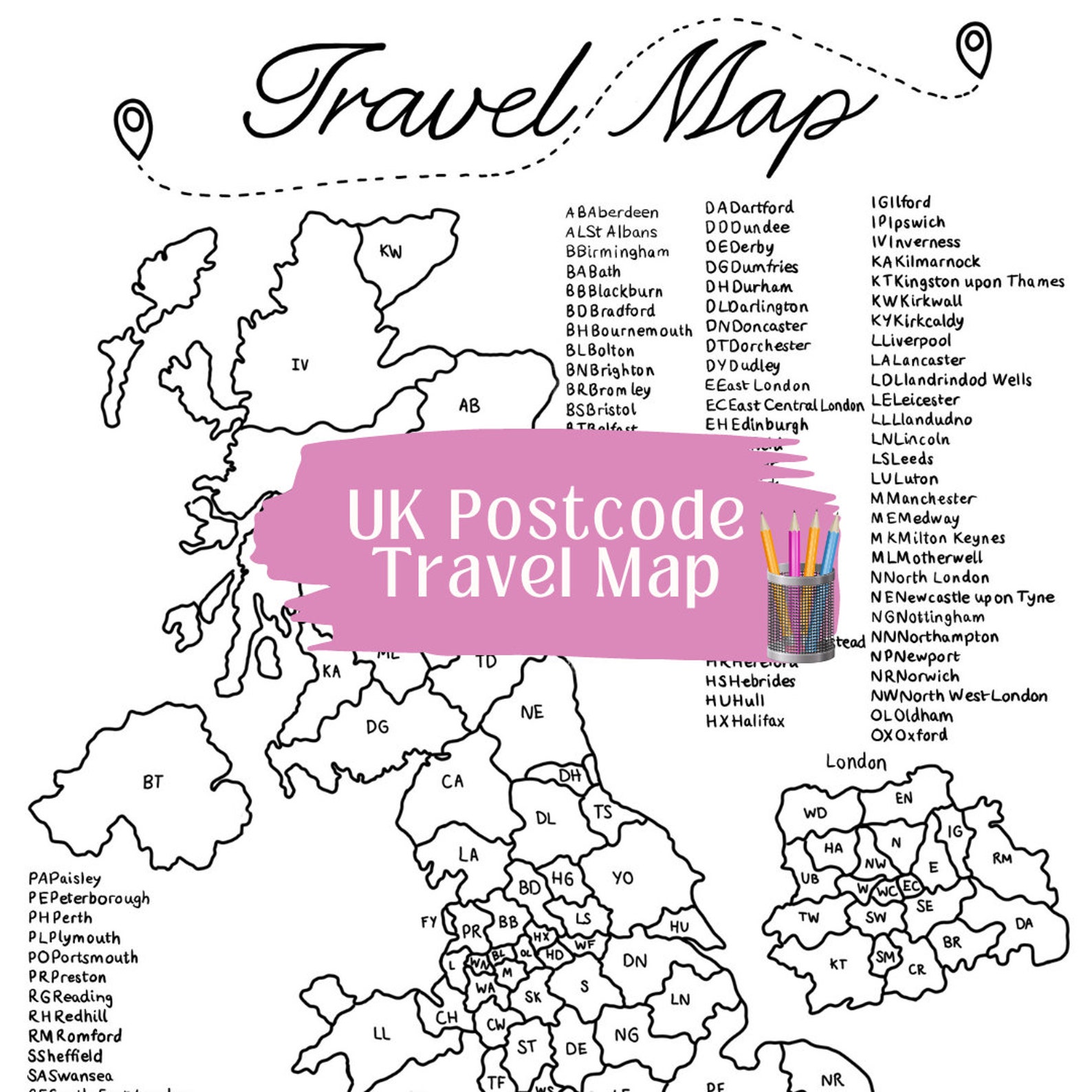UK Postcode Travel Map: Hand Illustrated Colouring Map (PDF Digital ...