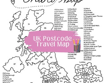 May include: A black and white map of the United Kingdom with the text "UK Postcode Travel Map" in pink. The map shows the different regions of the UK with their corresponding postal codes.