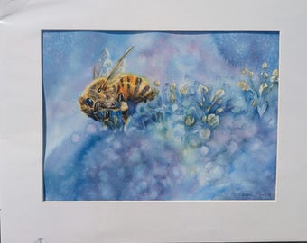 Original Watercolor Painting ‘My Blue Heaven’ | 11”x15” | Honey Bee on Lacecap Hydrangea | Bee Art | Nature Art | Honeybee Watercolor