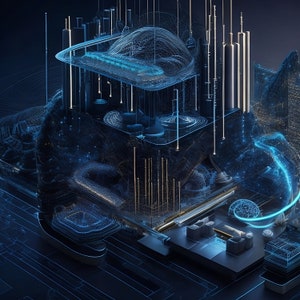 Pode incluir: Arte digital abstrata com um horizonte urbano futurista, linhas azuis brilhantes e um fundo escuro.