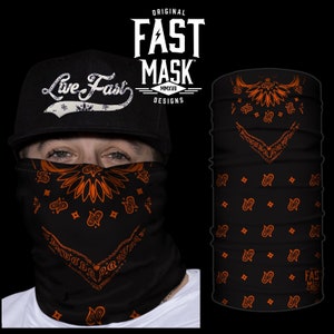 Neck Gaiter, Face Mask, Ski Mask, Tube Face Mask, Motorcycle Neck Warmer, Polyester Bandana with SPF 40 - Black & Orange Bandana