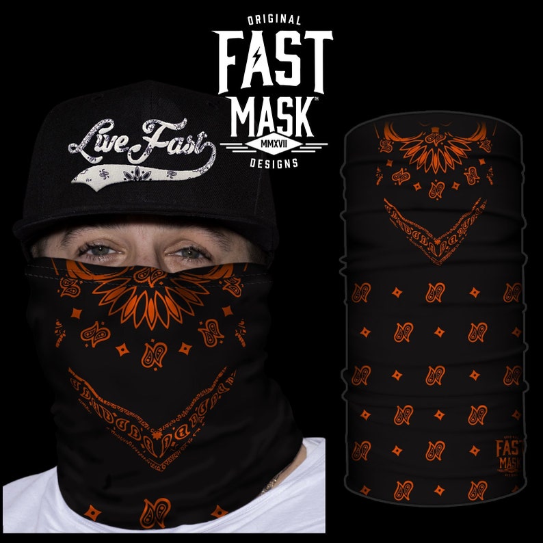 Neck Gaiter, Face Mask, Ski Mask, Tube Face Mask, Motorcycle Neck Warmer, Polyester Bandana with SPF 40 Black & Orange Bandana image 1