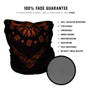 Neck Gaiter, Face Mask, Ski Mask, Tube Face Mask, Motorcycle Neck Warmer, Polyester Bandana with SPF 40 Black & Orange Bandana image 4