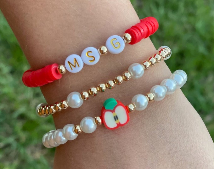 Teacher Bracelet Set, Personalized Name, Pearl Apple Charm