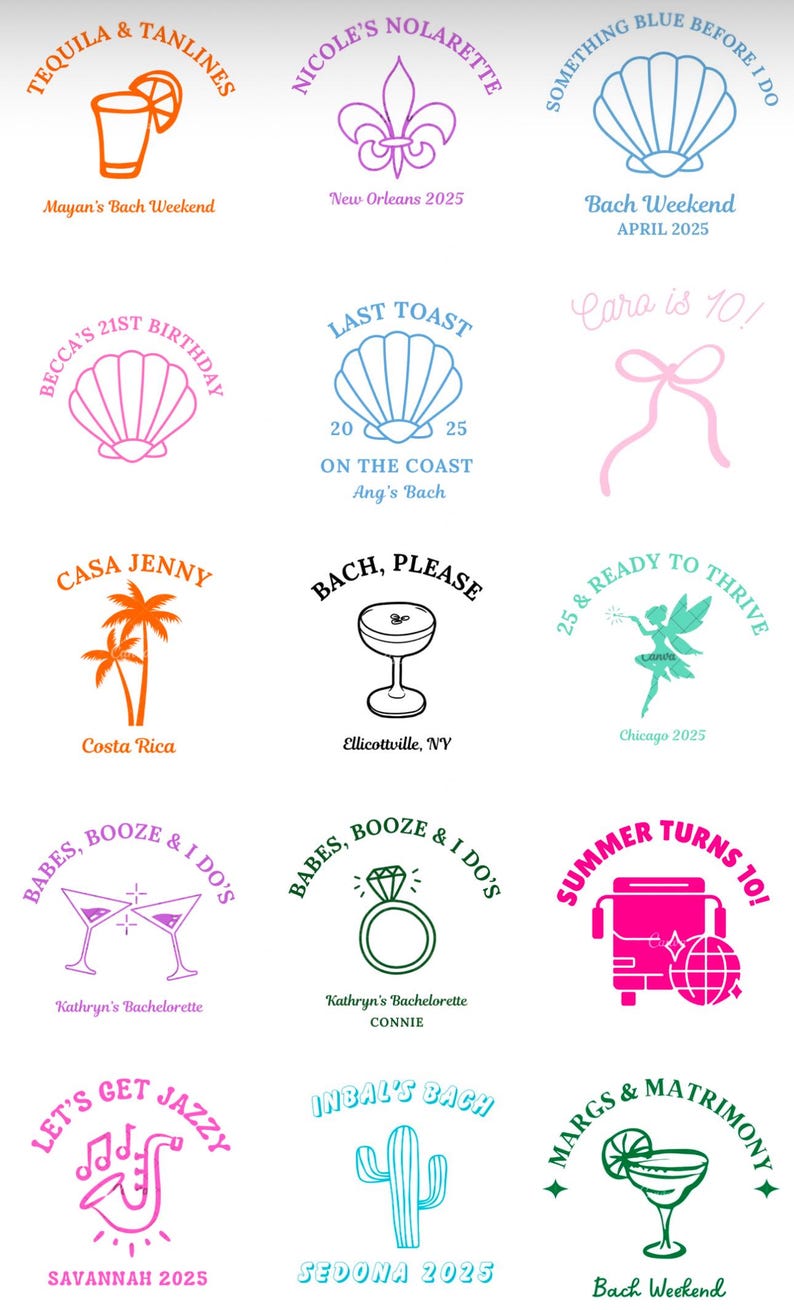 Op de afbeelding: Een verzameling van vijftien kleurrijke grafische ontwerpen met diverse iconen zoals schelpen, palmbomen, cocktails, een diamanten ring, een fee, een bus en een saxofoon, elk vergezeld van unieke tekstzinnen en evenementdetails.