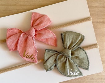 Personalized Hair Bows, Hair Bow Headband, Linen Custom Bow, Neutral Baby Bows, Baby Name Bows, Newborn Gift, Nylon Infant Headband, Toddler