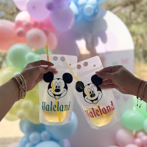 Op de afbeelding: Twee doorzichtige plastic drinkzakjes met een zwart-witte Mickey Mouse-afbeelding en de tekst Valeland in respectievelijk groen en rood. Elk zakje bevat een geel rietje en een lichtgekleurde vloeistof, gehouden voor een achtergrond van pastelballonnen.