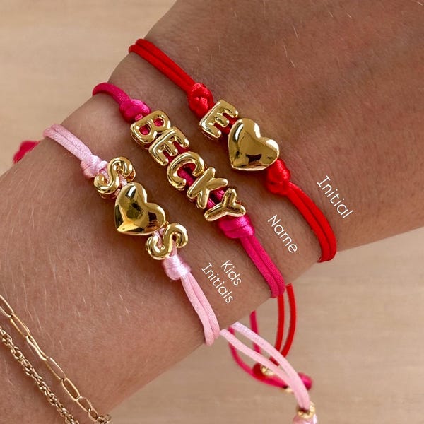 Bubble letter bracelet, adjustable bracelet, satin cord necklace, initial, mini 3D gold initial, monogram bracelet, balloon letter,