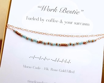 Funny Work Bestie morse code bracelet, Minimalist co worker jewelry, Dainty 14k rose gold office work friendship bracelet