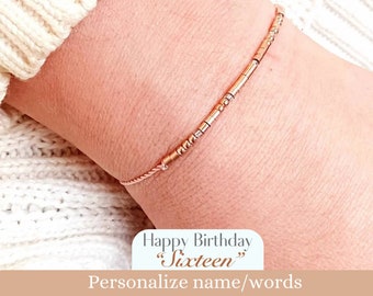 Happy 16th Birthday gift, Morse code beaded age bracelet, Personalized sweet sixteen adjustable 14k rose gold jewelry for teen teenage girls