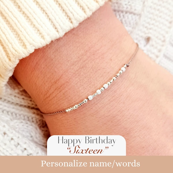 Happy 16th Birthday gift, Morse code beaded age bracelet, Personalized sweet sixteen adjustable string thread jewelry for teen teenage girls