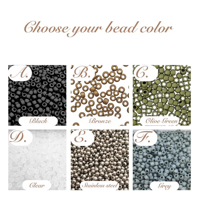 May include: Image showcasing a selection of beads in various colors. Options include black, bronze, olive green, clear, stainless steel, and grey. The text "Choose your bead color" is displayed at the top.