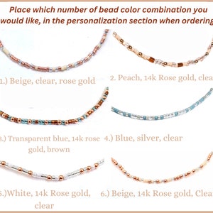 May include: Six beaded necklaces with different color combinations are displayed. The text above says to specify the bead color combination when ordering. The combinations include beige, peach, transparent blue, blue, white, and clear beads.