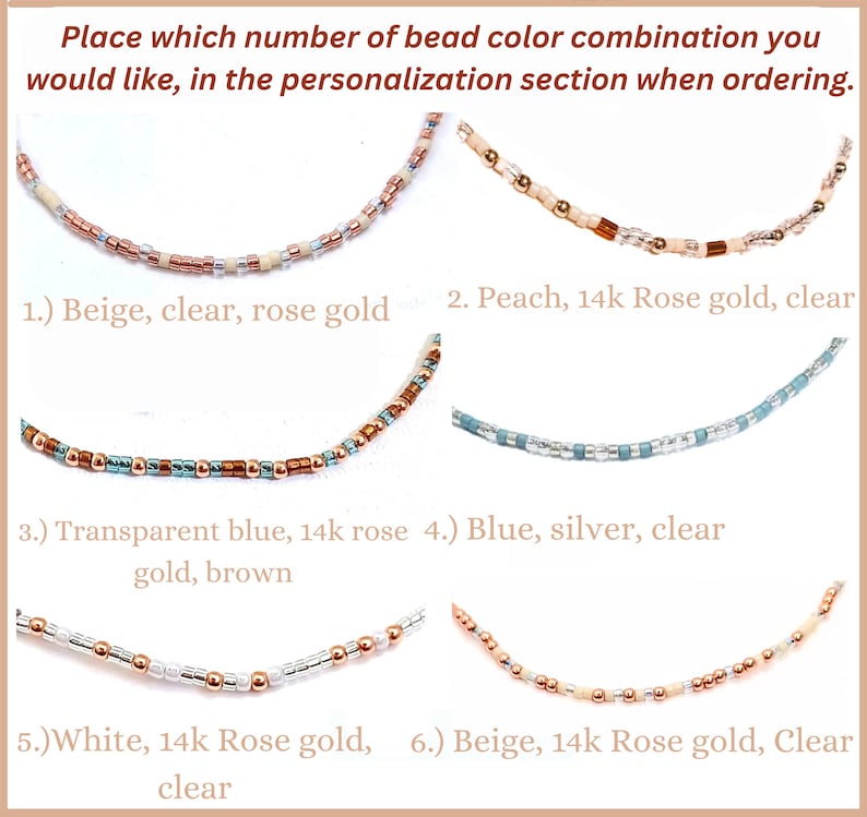 May include: Six beaded necklaces with different color combinations are displayed. The text above says to specify the bead color combination when ordering. The combinations include beige, peach, transparent blue, blue, white, and clear beads.