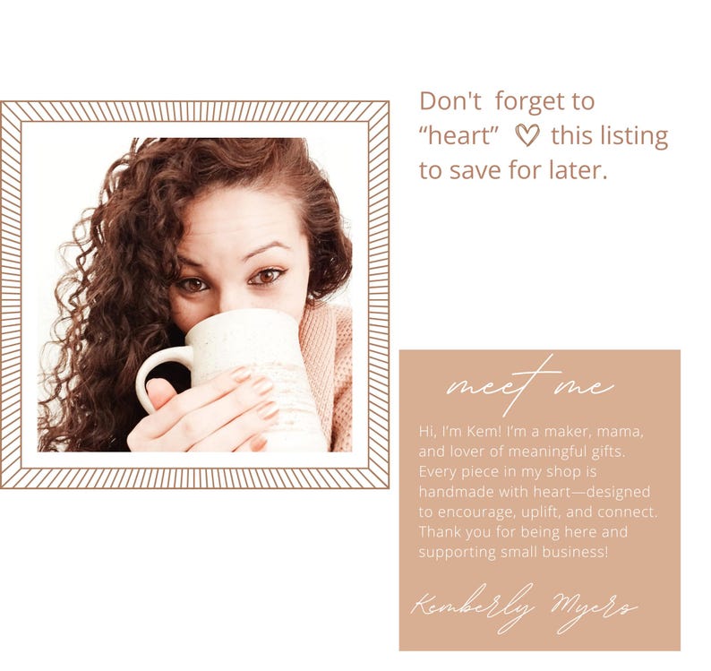 May include: A woman holding a white ceramic mug, framed in a decorative border. Text reads "Don't forget to 'heart' this listing to save for later." and "meet me" with a description of the maker and her shop.