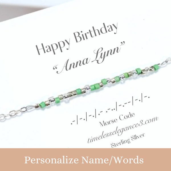 Green Morse code beaded name bracelet, Personalized August birthstone birthday gift, custom word letter bead bracelet, birth month year