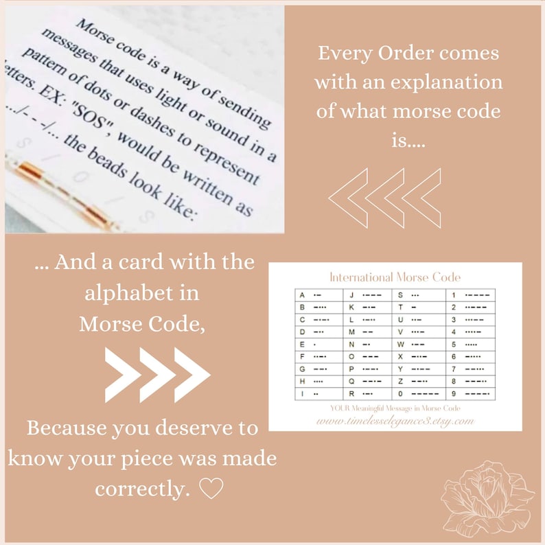 May include: Informative graphic explaining Morse code, including an alphabet chart and example. The text explains how Morse code uses dots and dashes to represent letters. The image also includes the text "Every Order comes with an explanation of what morse code is..."