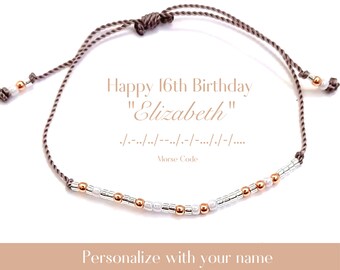 Happy 16th Birthday gift, Morse code beaded age bracelet, Personalize sweet sixteen adjustable white rose gold jewelry for teen teenage girl