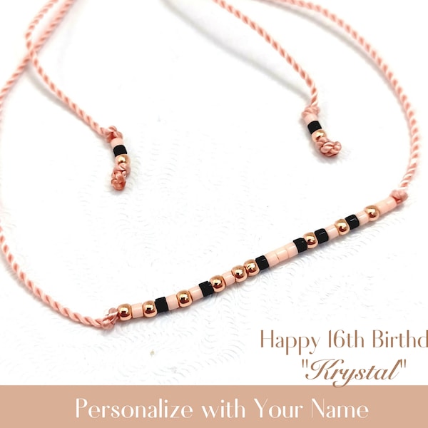 Happy 16th Birthday gift, Morse code beaded age bracelet, Personalize sweet sixteen adjustable white rose gold jewelry for teen teenage girl