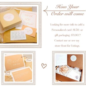 May include: A collection of images showing how an order is packaged. Includes a box with a flower, cards with text, and a box with a sticker. The text on the cards reads "Thank You So Much!" and "A Gift For You".
