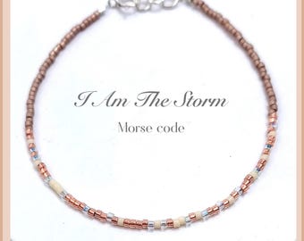 I am the storm, morse code bracelet, self confidence beaded name word jewelry, personalized gift, strong women teenage girl gift, feminist