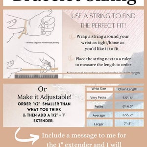 May include: A guide for bracelet sizing with text that reads "Bracelet Sizing." Instructions include wrapping a string around the wrist and measuring it. It also shows how to make it adjustable. Includes a size chart with wrist and chain length measurements.
