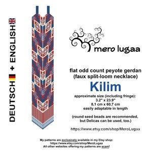 May include: A beading pattern for a Kilim necklace, a flat odd count peyote gerdan, with a red, white, and blue color scheme. The pattern is approximately 3.2 inches by 23.9 inches, or 8.1 centimeters by 60.7 centimeters. The pattern is easily adaptable in length and can be made with round seed beads or Delicas.