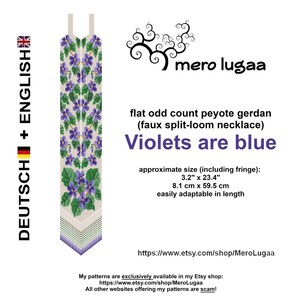 May include: A beaded necklace featuring a design of purple flowers and green leaves. The necklace is crafted using peyote stitch and measures approximately 8.1 cm by 59.5 cm. The necklace is named "Violets are blue" and can be easily adjusted in length.