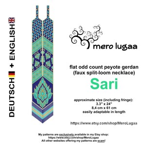 May include: A beaded necklace pattern called "Sari" in a blue, green, and gold color scheme. The pattern is for a flat odd count peyote gerdan, also known as a faux split-loom necklace. The necklace is approximately 3.3 inches by 24 inches, or 8.4 centimeters by 61 centimeters. The pattern is available in the Etsy shop MeroLugaa.