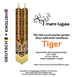 May include: A beaded tiger necklace pattern in orange, yellow, and black. The pattern is for a flat odd count peyote gerdan, also known as a faux split-loom necklace. The necklace is approximately 3.2 inches by 22.8 inches, or 8.1 centimetres by 58 centimetres. The pattern is easily adaptable in length.