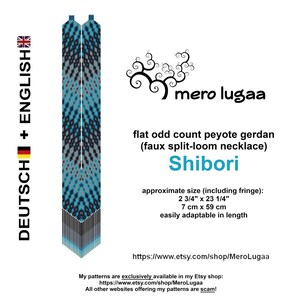May include: A beaded necklace pattern for a Shibori style necklace. The pattern is for a flat odd count peyote stitch necklace, approximately 7 inches by 59 centimeters. The pattern is easily adaptable in length. The pattern is available in the Etsy shop MeroLugaa.