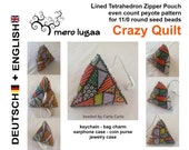 Tetrahedron Zipper Pouch Crazy Quilt even count peyote tutorial instruction lined pouch coin purse keychain wallet small bag