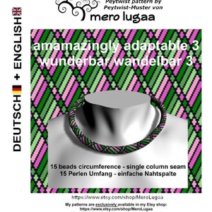May include: A beaded necklace with green, pink, and black accents is displayed on a mannequin. The text on the image reads "amamazingly adaptable 3 wunderbar wandelbar 3" and "15 beads circumference". The Etsy shop URL is also included.