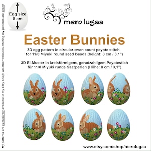 May include: A digital pattern for creating a 3D Easter bunny bead embroidery. The pattern is for a circular peyote stitch using 11/0 Miyuki seed beads. The finished bunny is 8 cm tall. The image shows six different views of the finished bunny.