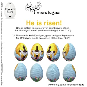 May include: A 3D beading pattern for a 6 cm Easter egg with a religious theme. The pattern is for 11/0 Miyuki round seed beads and is called "He is risen!" The pattern is available in circular even count peyote stitch.