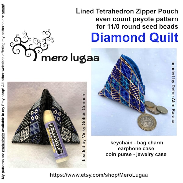 Tetrahedron Zipper Pouch Diamond Quilt/ even count peyote / tutorial /instruction /lined pouch /coin purse /keychain wallet /small bag