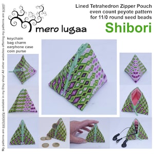 Könnte beinhalten: Eine grüne, rosa und weiße Perlen-Tetraeder-Reißverschlusstasche mit einem grünen Reißverschluss. Die Tasche ist aus 11/0 runden Perlen gefertigt und ein Shibori-Design. Die Tasche wird in verschiedenen Positionen gezeigt, darunter offen, geschlossen und mit Münzen und Kopfhörern im Inneren.