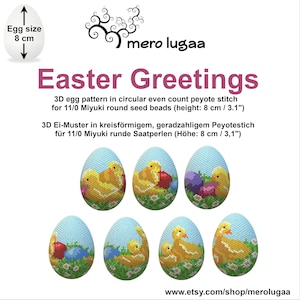 Może przedstawiać: Wzór na koraliki do ozdabiania jajek wielkanocnych z sześcioma kolorowymi jajkami 3D z kurczakami. Wzór jest przeznaczony dla okrągłych koralików Miyuki 11/0 i ma 8 cm wysokości. "Easter Greetings" i "mero lugaa" są napisane na obrazku.