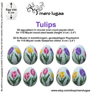 Op de afbeelding: Een digitaal patroon voor het maken van een 3D-parel ei met een tulpenontwerp. Het patroon is voor 11/0 Miyuki ronde kralen en is 6 cm hoog. Het patroon is verkrijgbaar op Etsy.