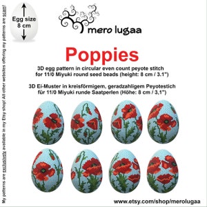Peut inclure: Un modèle numérique pour la réalisation d'un motif de fleurs de pavot sur un œuf en perles. Le modèle est conçu pour des perles rondes Miyuki 11/0 et mesure 8 cm de haut. Le modèle est disponible sur Etsy.