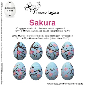 May include: A digital pattern for creating beaded egg ornaments. The design, called "Sakura," features a light blue background with brown branches and pink flowers. The eggs are 8 cm (3.1 inches) tall. The pattern is for 11/0 Miyuki round seed beads.