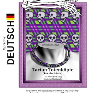 May include: A beaded necklace with a skull pattern in shades of purple, green, and black. The necklace is framed by a purple picture frame with a skull and crossbones design. The text "Tartan-Totenköpfe (Totenkopf-Serie) 17 Perlen Umfang Einfache Nahtspalte" is displayed below the necklace.