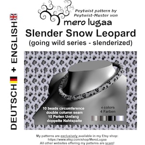 Könnte beinhalten: Eine Perlenkette mit einem Schneeleopard-Muster. Die Kette besteht aus 10 Perlen und hat eine doppelte Säulennaht. Die verwendeten Farben sind Grau, Schwarz und Weiß. Das Muster heißt "Slender Snow Leopard" und ist Teil der Kollektion "going wild series - slenderized". Das Muster ist auf Etsy erhältlich.